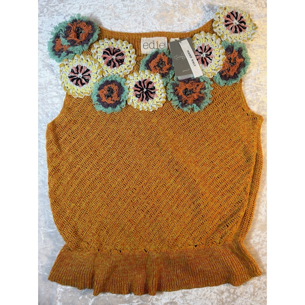 Edie Anthropologie Satsuma Sweater Tank L Hand Knit Crochet Floral Orange NWT
